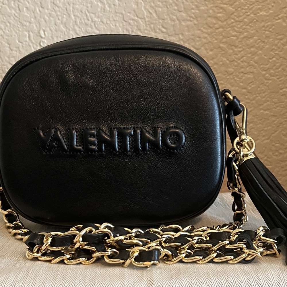 Valentino Black Leather Crossbody Bag with Gold Chain